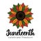 Juneteenth greeting card with sunflower in African colros - green, red, yellow. Square vector design greeting card