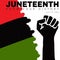 Juneteenth poster template. Black silhouette Of Clenched fist, raised hand and Textured Red, Black, Green Flag. National