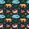 Jungle animals pattern, seamless ornament with cute leopard, sleeping wild jaguar, flying macaw parrot and crocodile