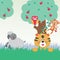 Jungle animals. Vector illustration of tiger, sheep, bird and monkey