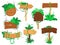 Jungle cartoon elements. Tropical exotic plants and wood sign traffic. Forest game pointer, decorative signpost with