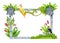 Jungle forest frame, vector stone tropical nature background, game UI object, toucan, parrot, maya tiki mask.