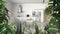 Jungle frame, biophilic idea. Tropical leaves over minimalist white kitchen and dining room. Urban jungle interior design.