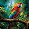 Jungle Gem - A vibrant-colored macaw perched on a moss-covered tree in the rainforest