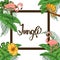 Jungle invitation with flamingo and chameleon, palm leaves