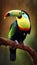 Jungle Jewel: A Close-up of a Colorful Keel-billed Toucan Perched on a Tree Branch. Generative AI