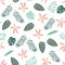 Jungle leaves pattern. Botany tropical leaves seamless pattern. Green and pink jungle plants wallpaper. Nature summer background.