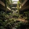 a jungle like environment that resembles an urban hotel surrounded by plants and rocks