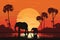 Jungle night safari with beautiful sunset colors in the background and an elephant silhouette on the foreground vector