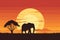 Jungle night safari with beautiful sunset colors in the background and an elephant silhouette on the foreground vector