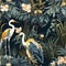 Jungle Paradise Wallpaper with crane bird with natures and pond seamless pattern