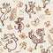 Jungle party - dancing wild animals. Hand drawn ink drawing with safari african wildlife. Comic, funny seamless pattern