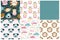 Jungle pattern set. Collection of vector seamless baby backgrounds with cute tropical animal muzzles. Pink clouds. Hand drawn