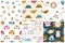 Jungle pattern set. Collection of vector seamless baby backgrounds with cute tropical animal muzzles. Pink clouds. Hand drawn