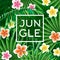 Jungle print or poster. Print for T-shirts. Post card. Palm leaves and exotic flowers.