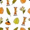 Jungle Seamless background, Africa, giraffe, monsera and tropi