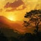 Jungle Silhouette with Mountains, Wild Africa Nature on Golden Cloudy Sunset Background