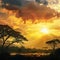 Jungle Silhouette with Mountains, Wild Africa Nature on Golden Cloudy Sunset Background