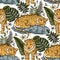 Jungle tiger exotic tropical seamless pattern.