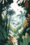 Jungle tropical forest palms different exotic plants leaves, flowers, lianas, flora, rainforest landscape background