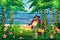Jungle tropical island Treasure legged pirate with a saber. Chest full of gold coins gems crown sword. Forest palms