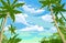 Jungle tropical landscape. Plants, shrubs and palms. Sky with clouds. Cartoon. Flat, style. Background illustration.