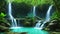 Jungle waterfall cascade in tropical rainforest with rock and turquoise blue pond