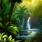 Jungle waterfall. Picturesque river in tropical forest. Water falls in lake.