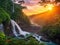 jungle with waterfall and sunset rays in the background.