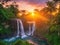 jungle with waterfall and sunset rays in the background.