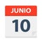 Junio 10 - Calendar Icon - June 10. Vector illustration of Spanish Calendar Leaf