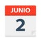 Junio 2 - Calendar Icon - June 2. Vector illustration of Spanish Calendar Leaf