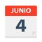 Junio 4 - Calendar Icon - June 4. Vector illustration of Spanish Calendar Leaf