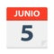 Junio 5 - Calendar Icon - June 5. Vector illustration of Spanish Calendar Leaf