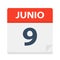 Junio 9 - Calendar Icon - June 9. Vector illustration of Spanish Calendar Leaf