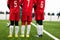 Junior Soccer Players Standing in a Wall. Free Kick Situation During Football Match