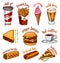 Junk Fast food, burger and hamburger, tacos and hot dog, burrito and beer, drink and ice cream. Vintage Sketch for logo