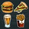 Junk Fast food, Burger and pizza, beer and french fries on a black background. Vintage Sketch for restaurant menu. Hand