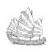 Junk floating on the sea waves. Hand drawn design element sailing ship.