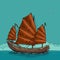 Junk floating on the sea waves. Hand drawn design element sailing ship. Vintage vector engraving illustration for poster