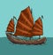 Junk floating on the sea waves. Hand drawn design element sailing ship. Vintage vector engraving illustration for poster, label, p