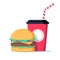 Junk food burger sandwich with soda drink icon. Fast food unhealthy eating. Street breakfast with cheeseburger and cola.