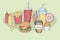 Junk food tasty doodle illustration set. Colorful sketch hamburger soda ice cream fat and sweet isolated graphic. Hot