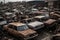 A junkyard filled with dozens of old, wrecked cars in various states of disrepair. Dismantling for parts at scrap yards and
