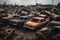 A junkyard filled with dozens of old, wrecked cars in various states of disrepair. Dismantling for parts at scrap yards and
