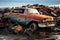 Junkyard history old cars rust away, embodying environmental pollution concerns