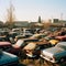 Junkyard of old cars, many different broken rusty cars