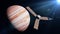 Juno spacecraft in front of the planet Jupiter lit by the Sun 3d illustration, elements of this image are furnished by NASA