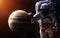 Jupiter on a blurred background with a giant astronaut. Elements of the image are furnished by NASA