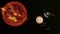 Jupiter, Io, Europa, Ganimedes, callisto and the Galileo space Probe with star field background. 3D rendering. Elements